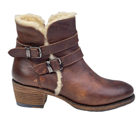 Blackstone Winter Warm Cozy Brown Leather Shearling Buckle Ankle Bootie SZ 6 NEW
